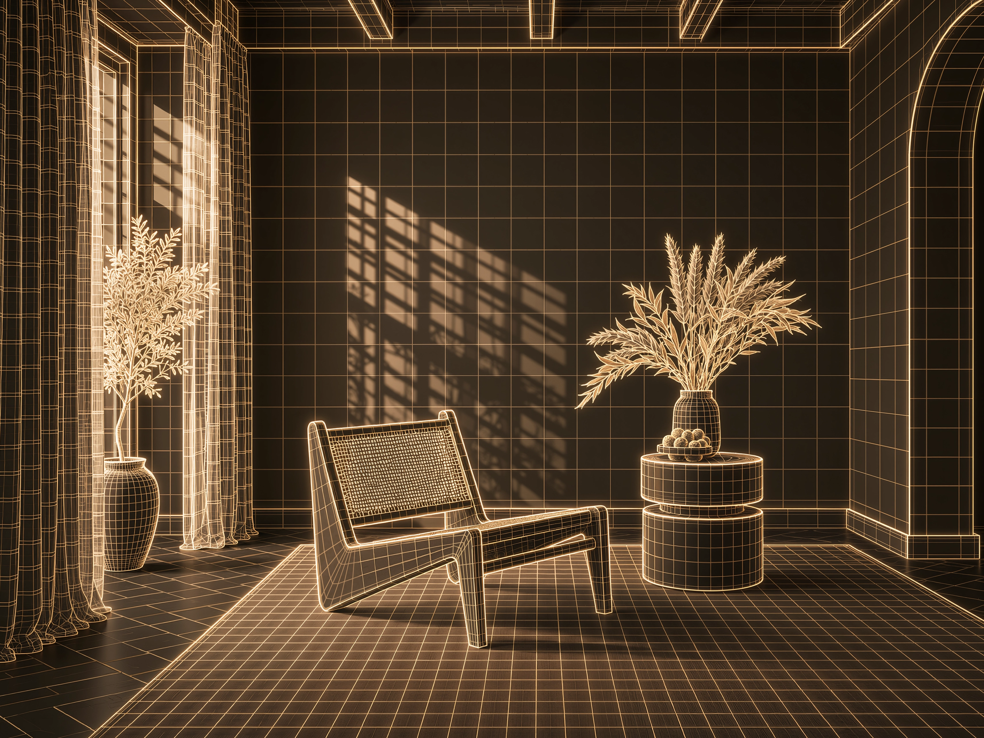 CGI interior scene with wireframe layout