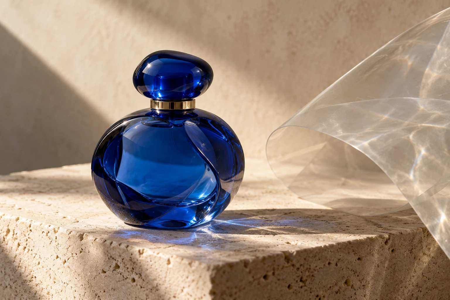 Unbranded cobalt glass bottle on travertine with a curved translucent sheet