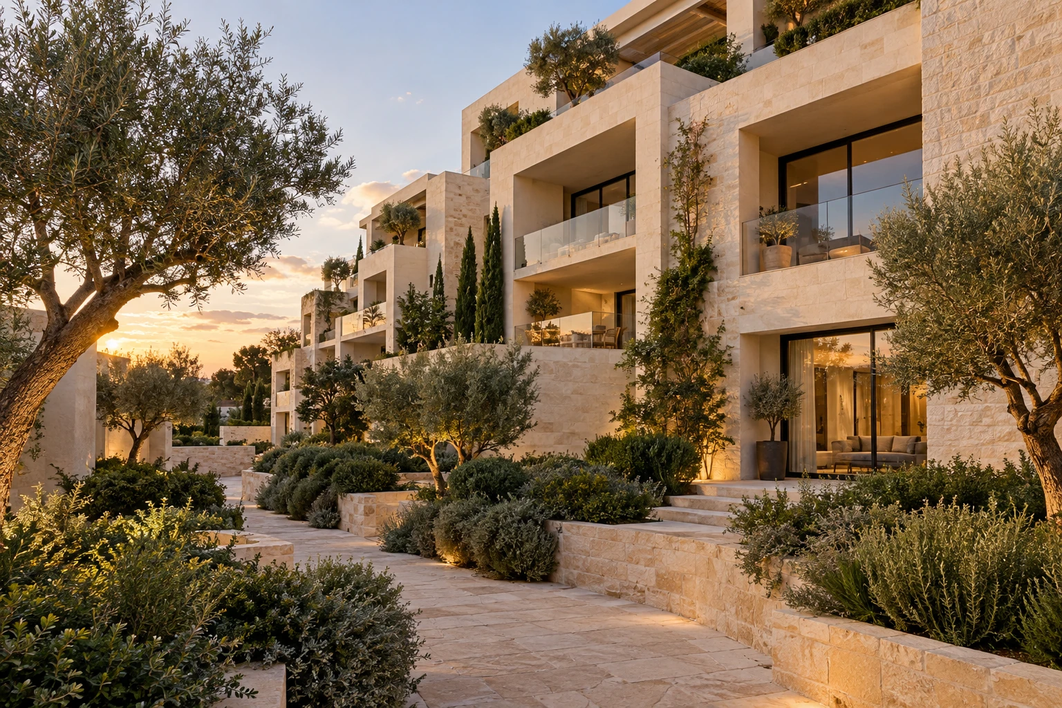Mediterranean residential courtyard with limestone facades and olive trees