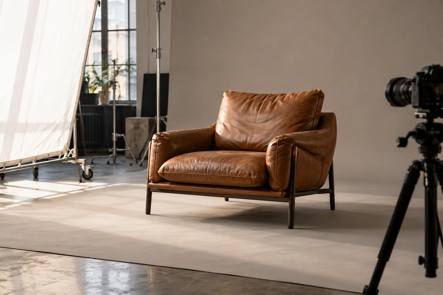 Leather lounge chair, camera and diffusion screen in a photography studio