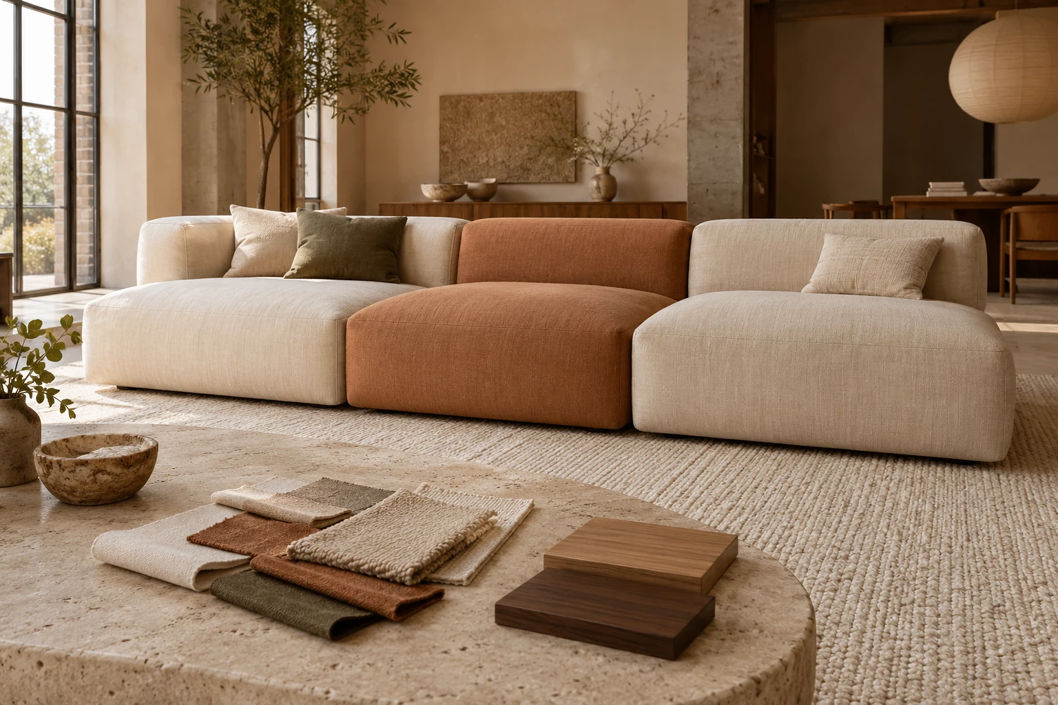 Modular sofa in cream and terracotta fabrics with finish samples on a table