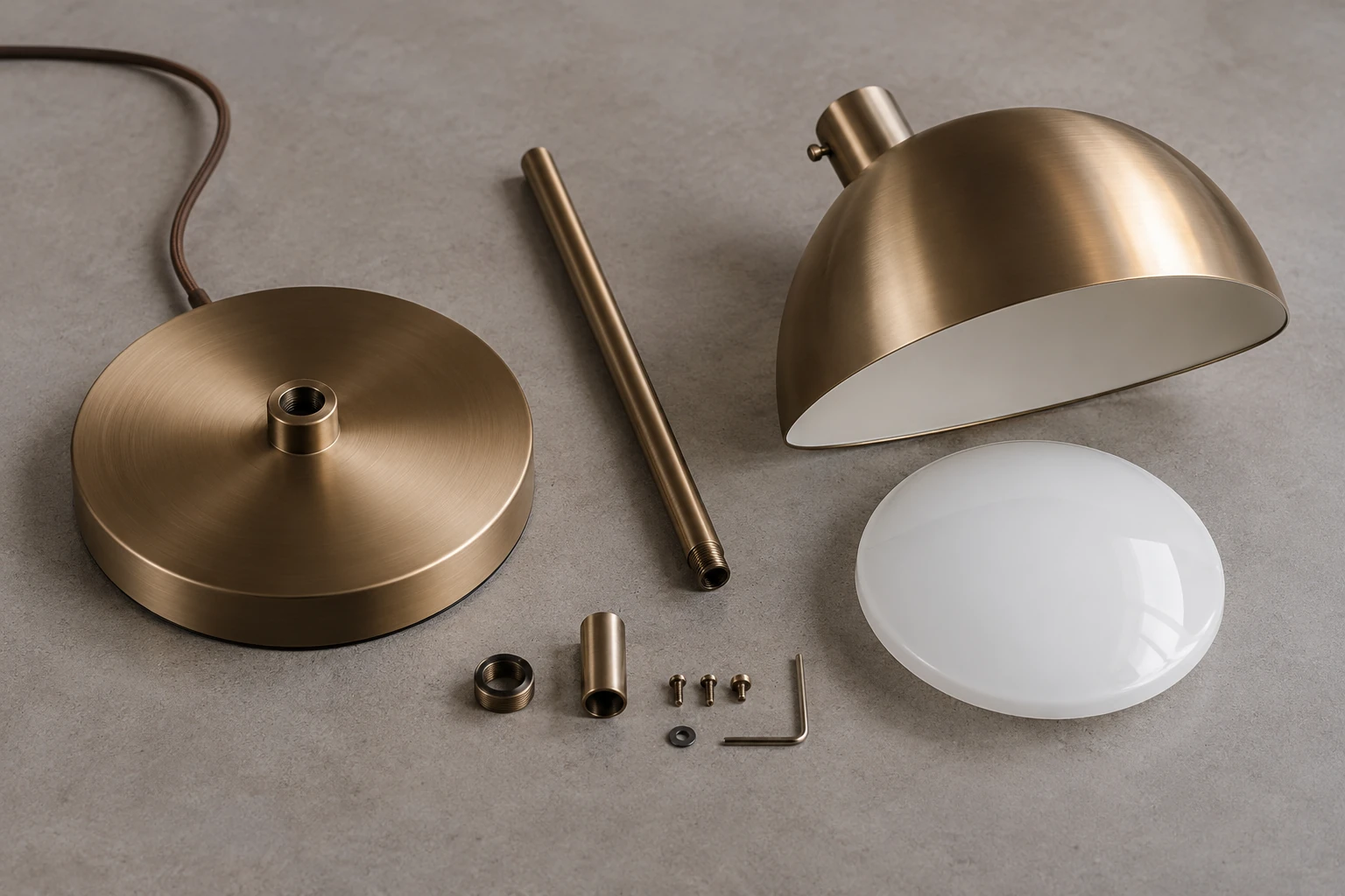Desk lamp components carefully arranged on a neutral tabletop
