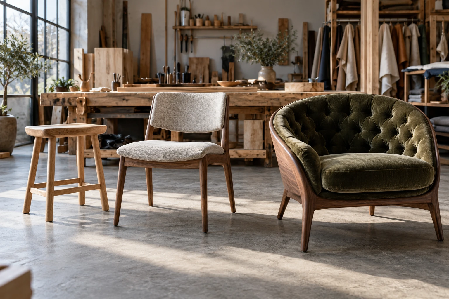 Simple wooden stool, upholstered chair and detailed lounge chair in a workshop