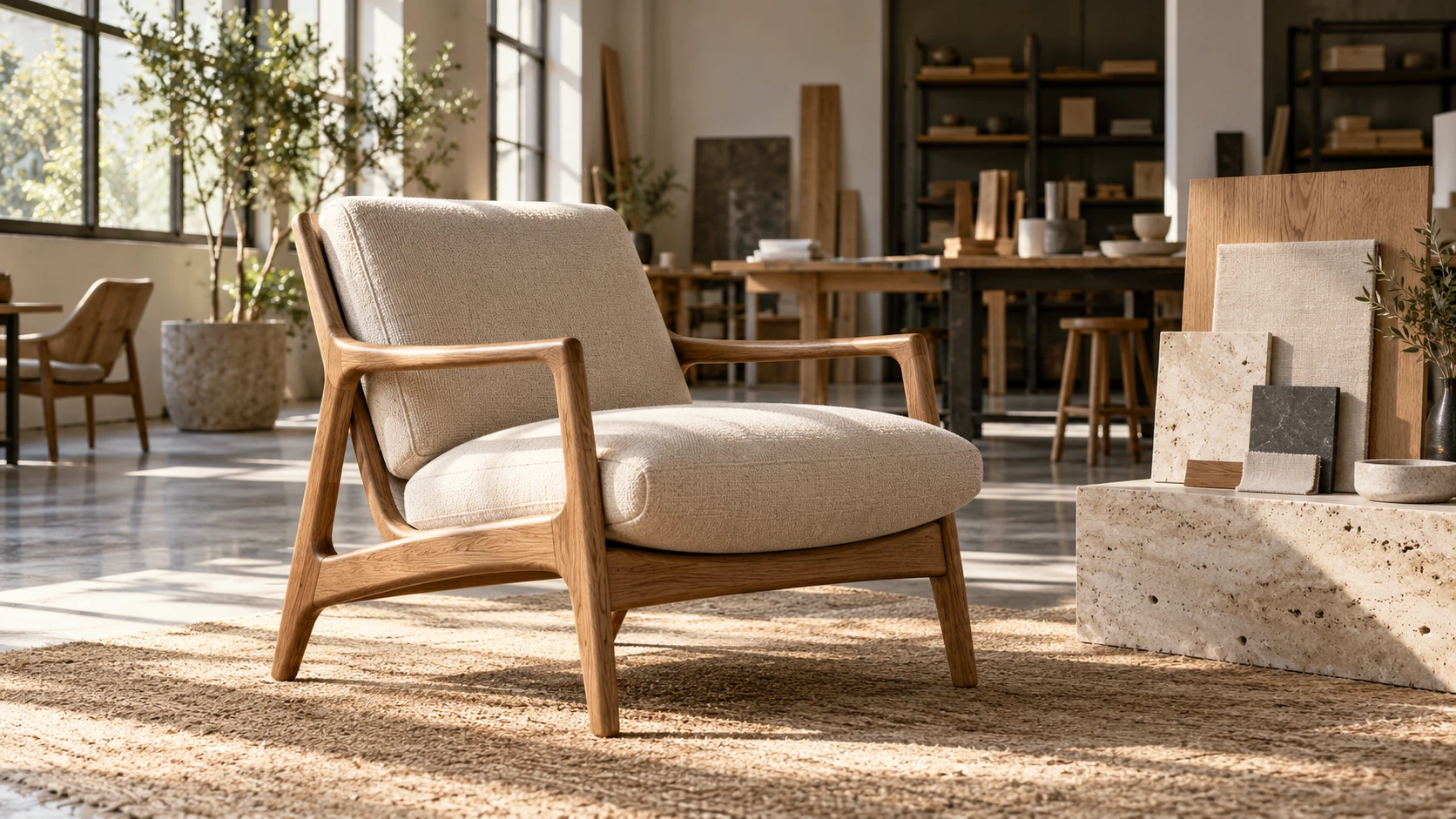 Linen armchair and material samples in a sunlit furniture studio