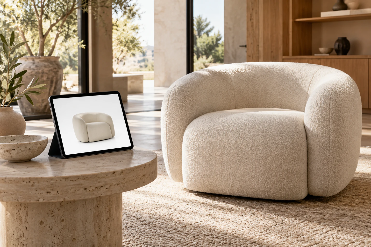 Cream armchair and a tablet displaying a digital chair in a showroom