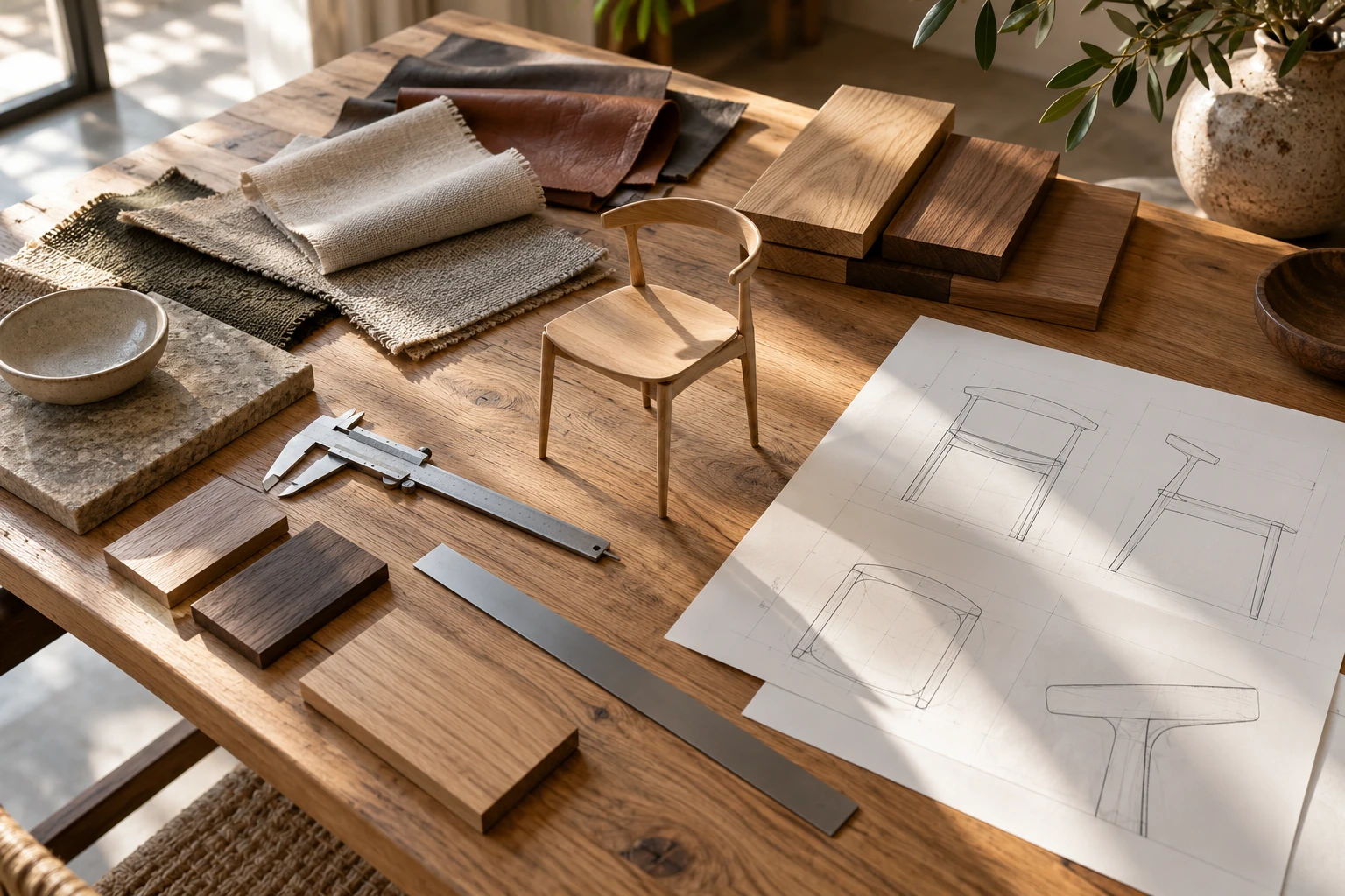 Chair maquette, wood and fabric samples, calipers and drawings on a worktable