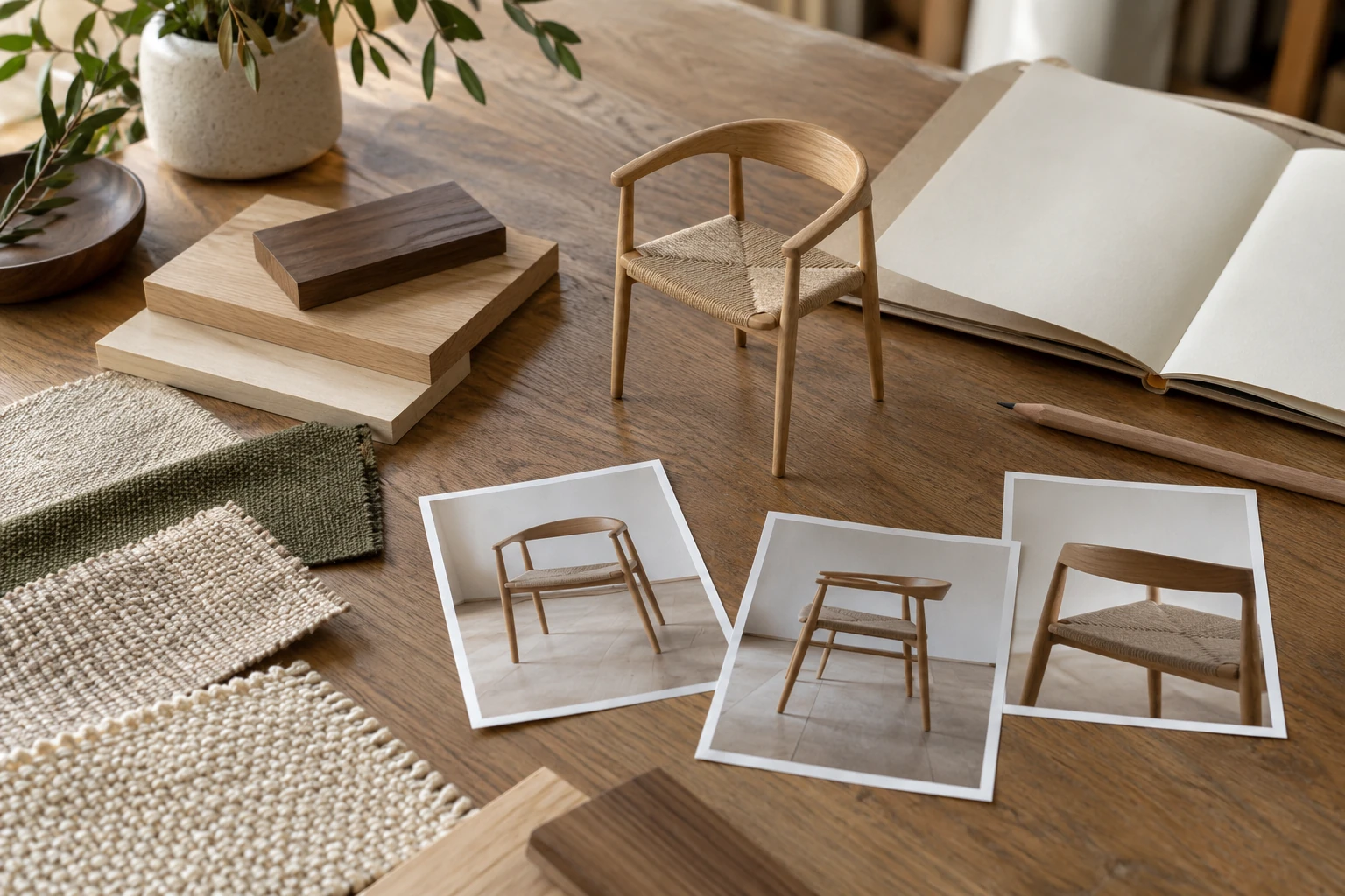 Chair maquette, reference photographs, fabric samples and an unmarked folder