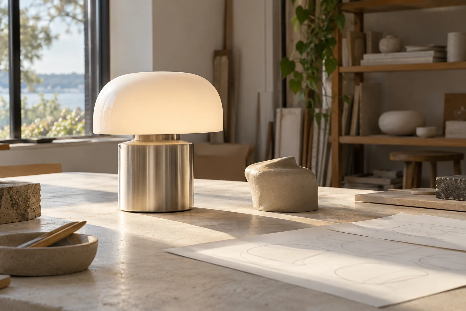 Finished table lamp beside a clay form study and sketches in a design workshop