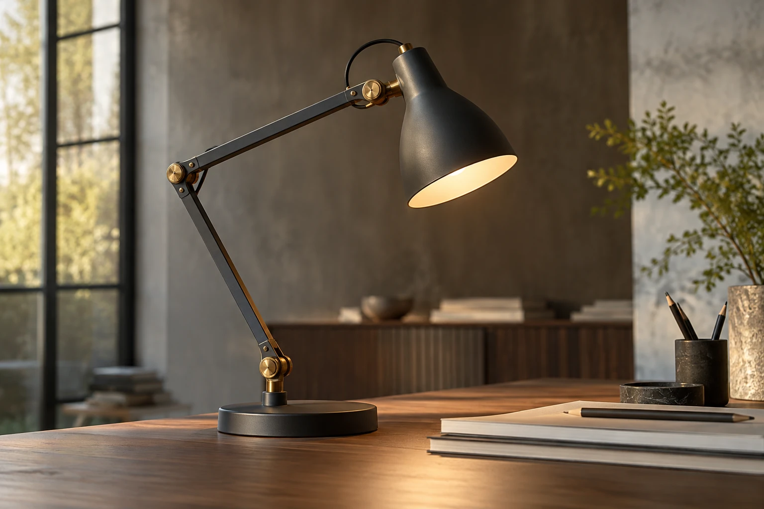 Adjustable charcoal desk lamp with visible joints and a warm illuminated shade