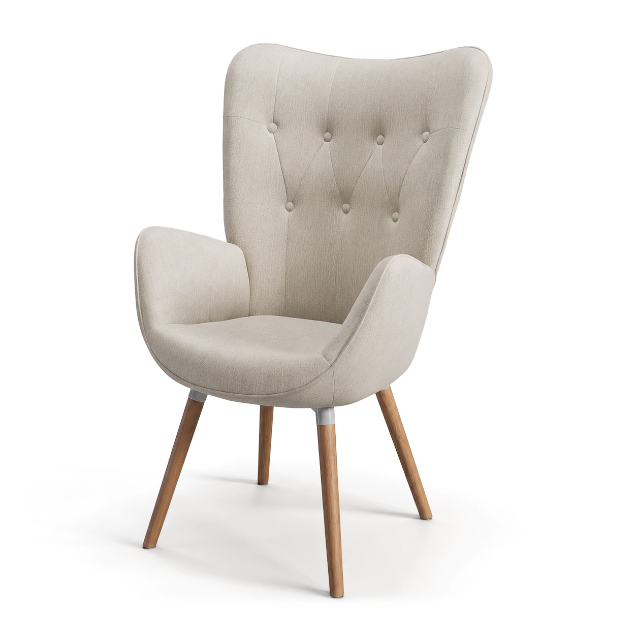 Three-quarter white-background CGI view of a cream lounge chair